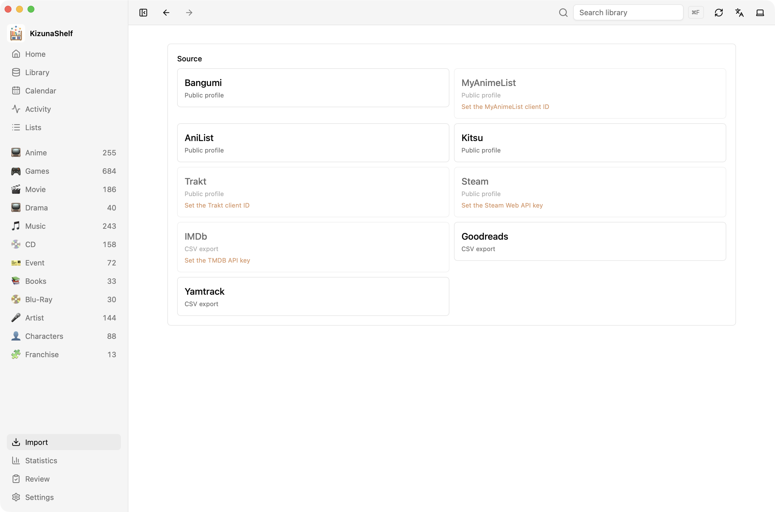 Import source picker with public-profile and CSV sources, including prompts for missing credentials