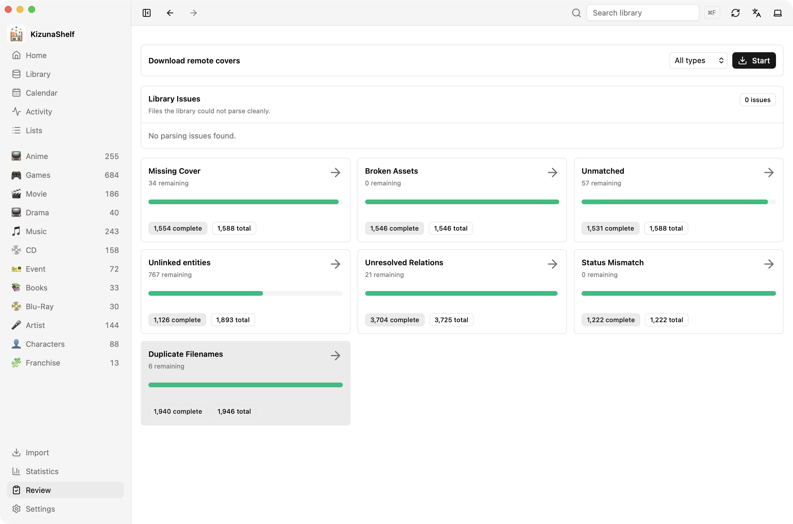 Review queues for missing covers, broken assets, unmatched and unlinked entities, unresolved relations, status mismatches, and duplicate filenames