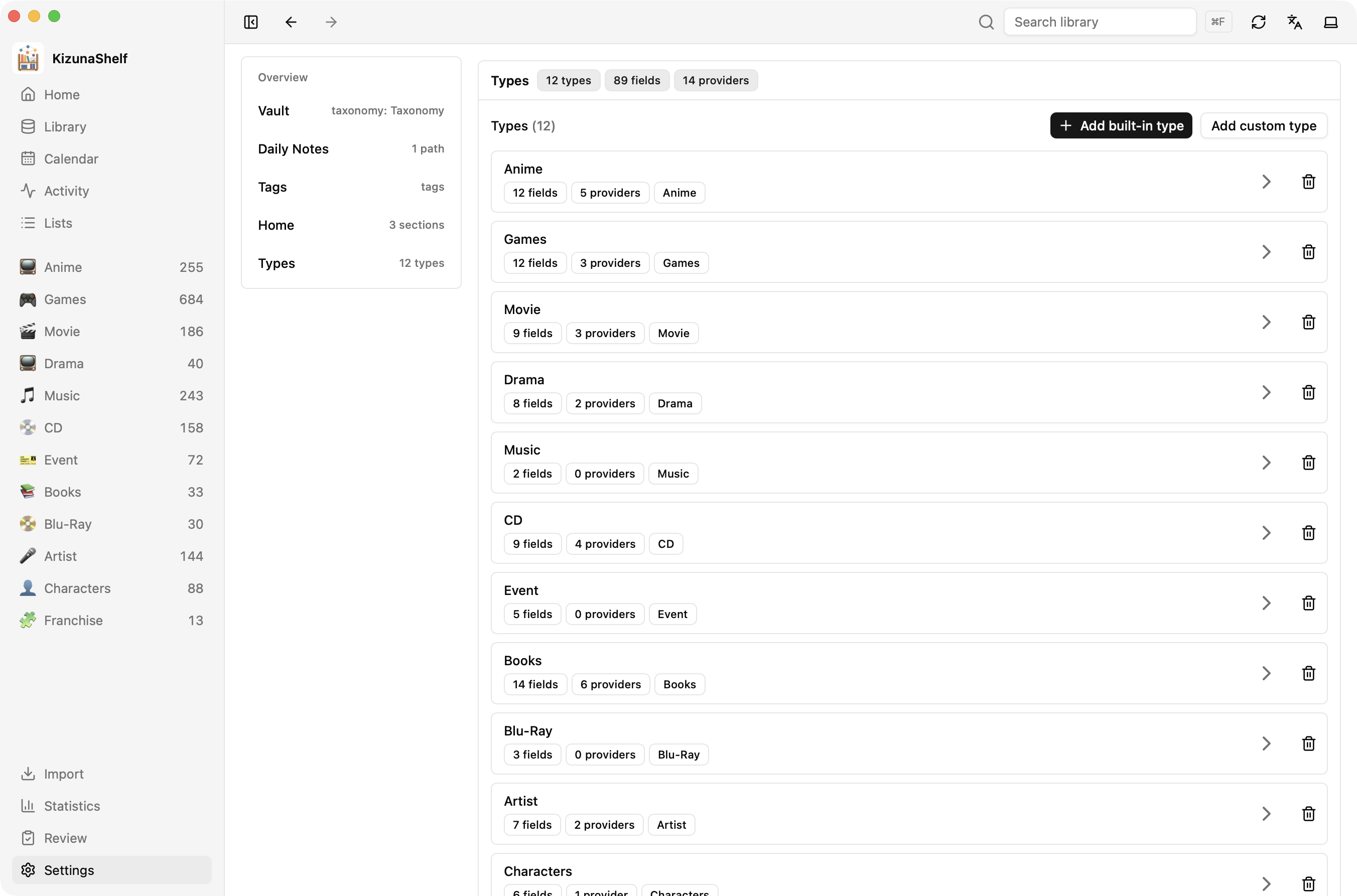 Settings type overview listing collections with field counts and provider connections