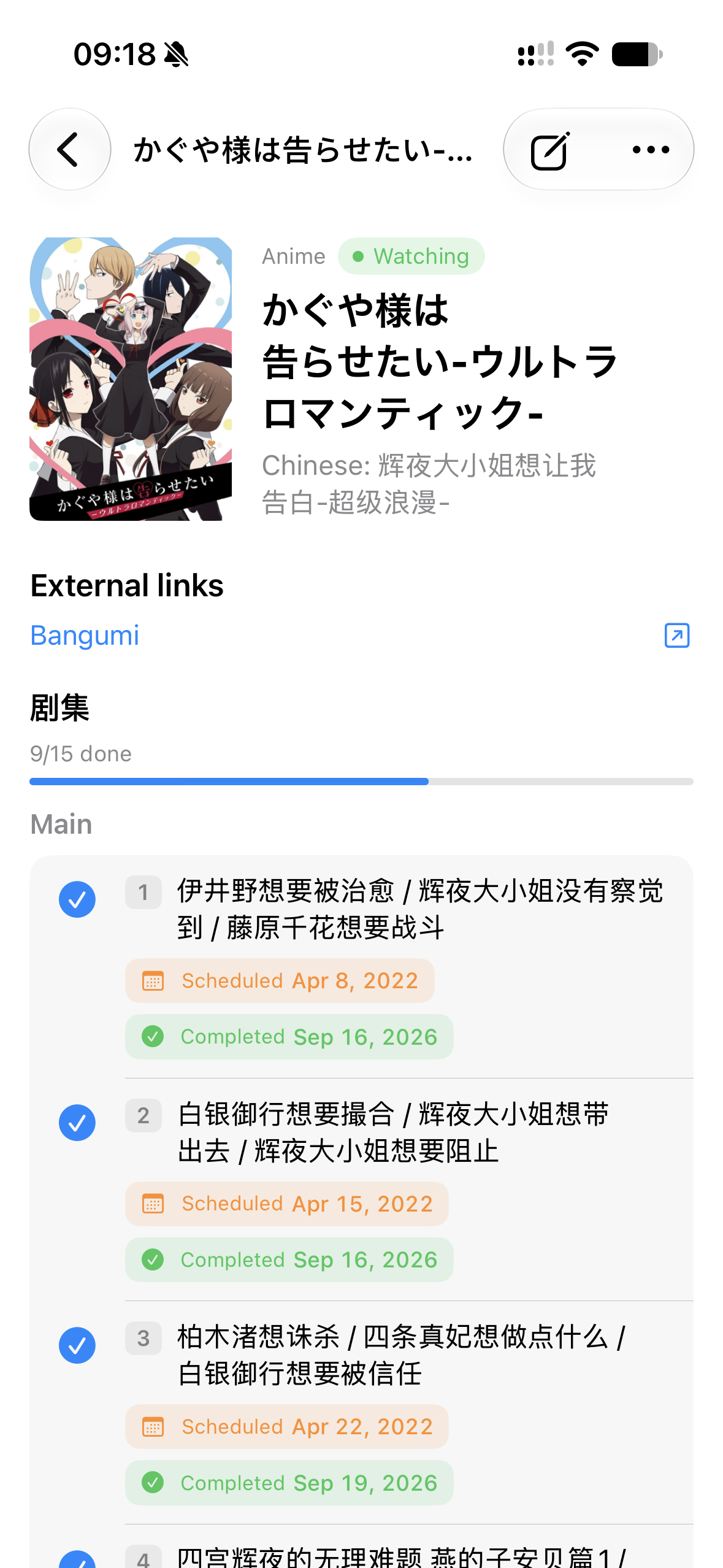 Anime episode checklist with episodes checked and scheduled and completed dates alongside them