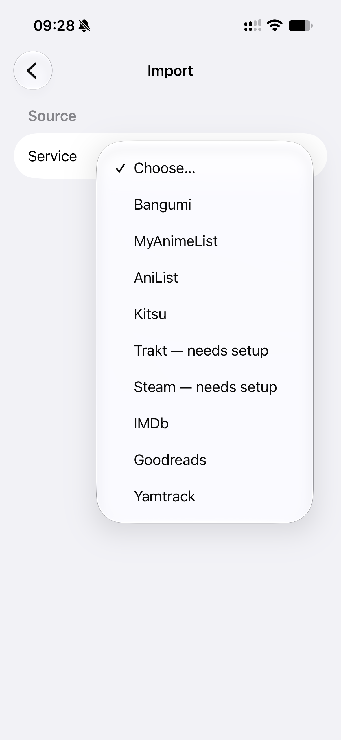 Import source picker with public-profile and CSV sources, including prompts for missing credentials
