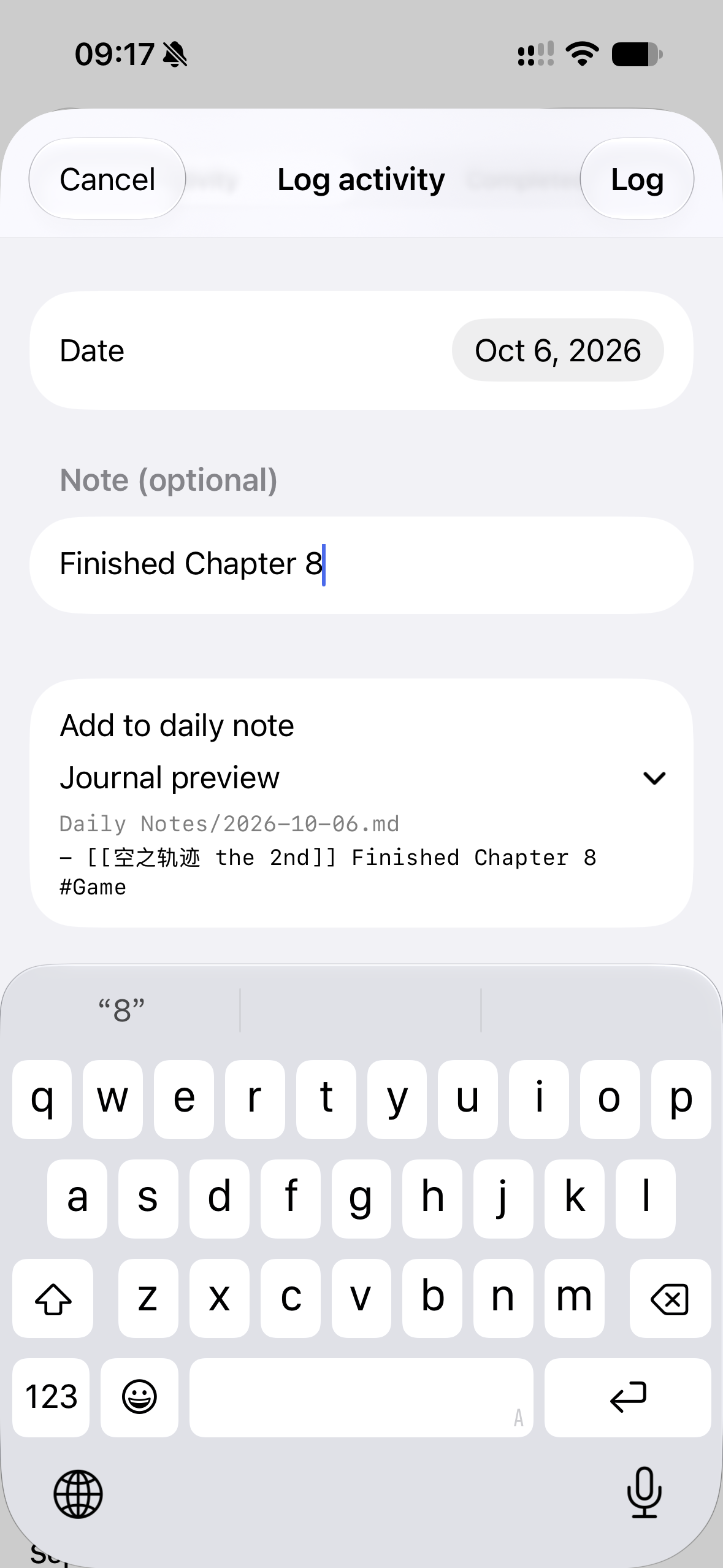 Log activity dialog with activity choices, an editable date, a note field, and a daily-note preview