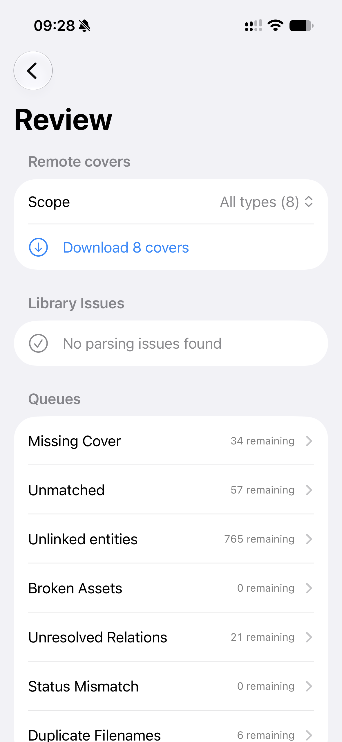 Review queues for missing covers, broken assets, unmatched and unlinked entities, unresolved relations, status mismatches, and duplicate filenames