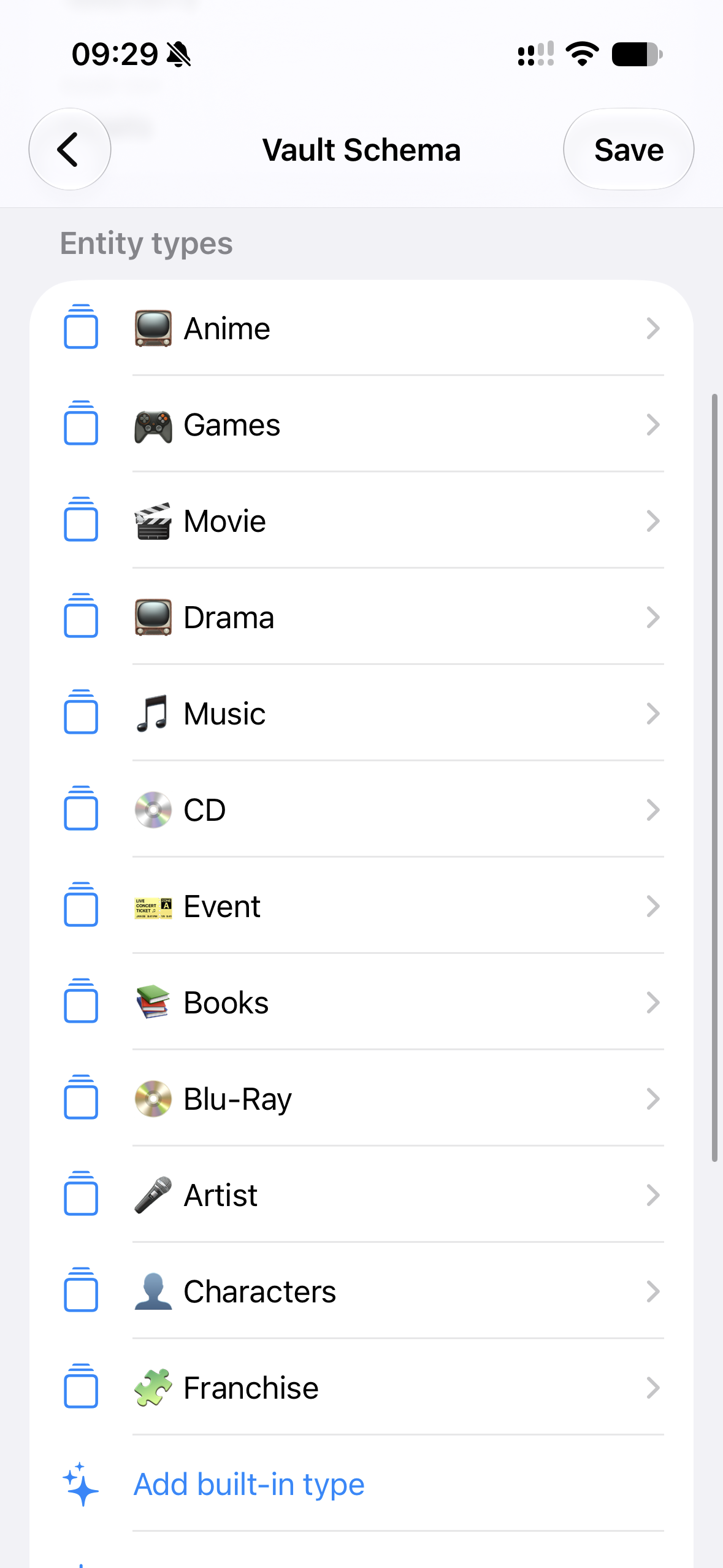 Settings type overview listing collections with field counts and provider connections