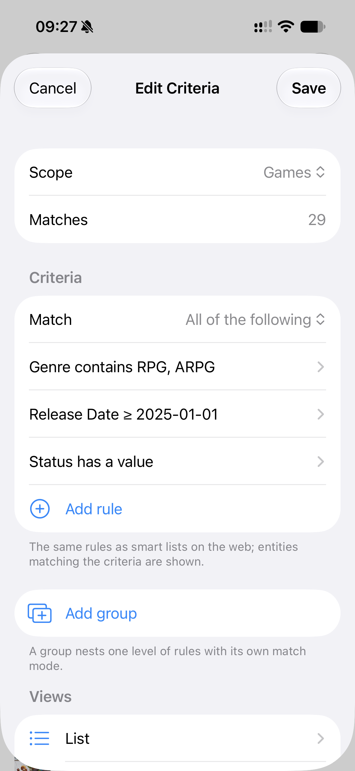 Recent RPG smart list with genre, release-date, and status rules above matching games, including Pokémon Champions