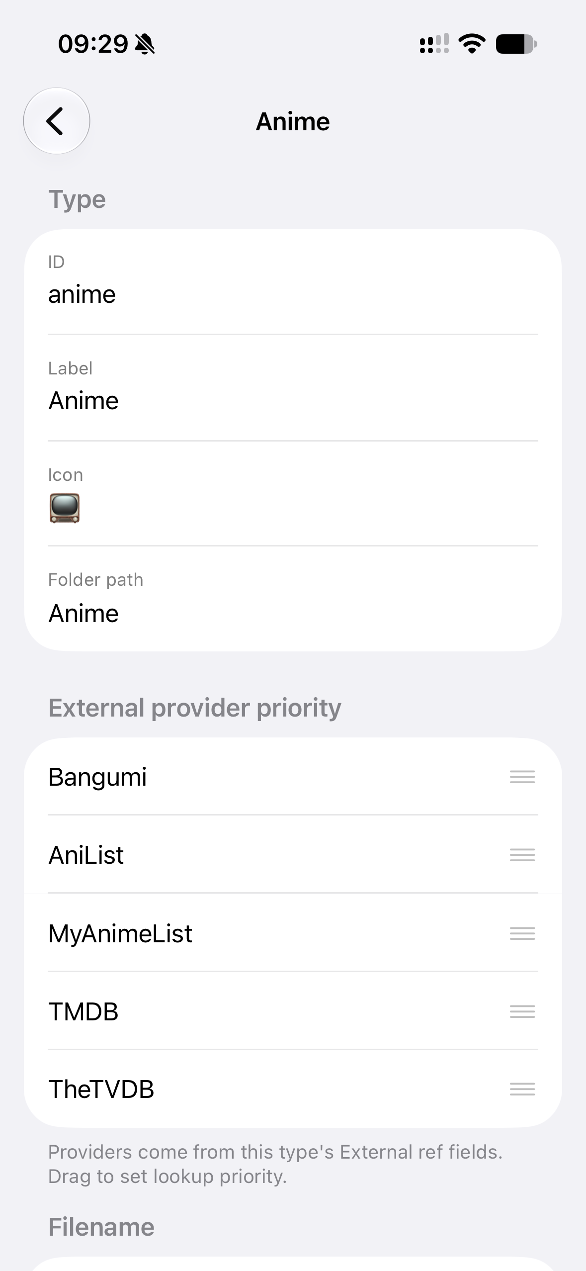 Anime type dialog showing its ID, label, folder and provider priority